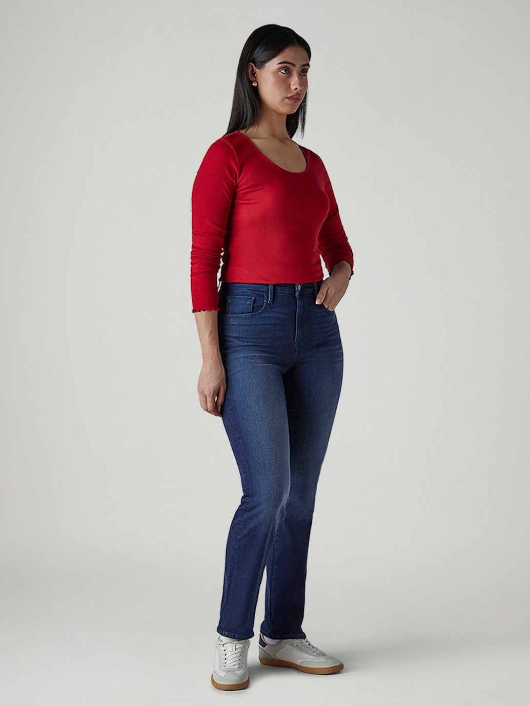 Women's 724 Dark Indigo Slim Straight Fit High Rise Redloop Jeans - Side View