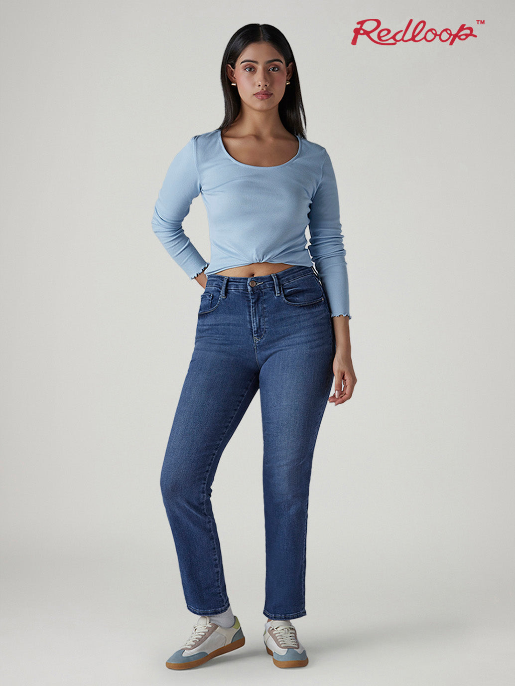 Women's 724 Med Indigo Slim Straight Fit High Rise Redloop Jeans - Logo View