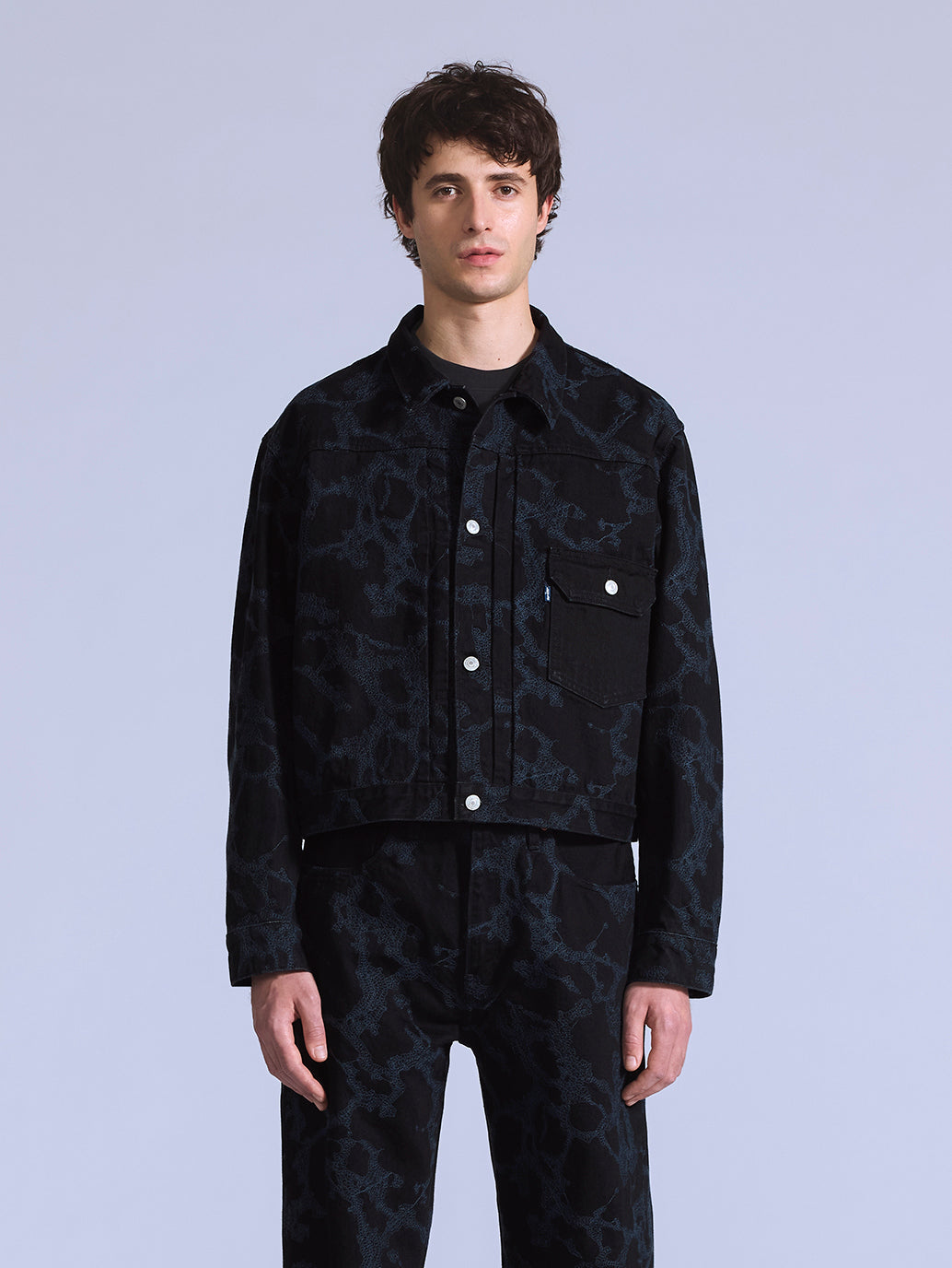 Men's Embroidered Black Denim Jacket - Front View