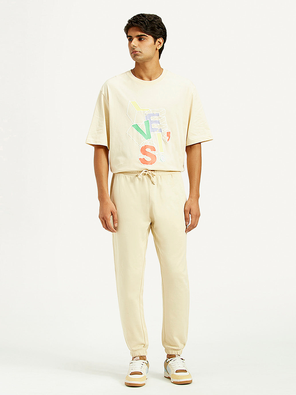 Men's Beige Solid Joggers - Front View