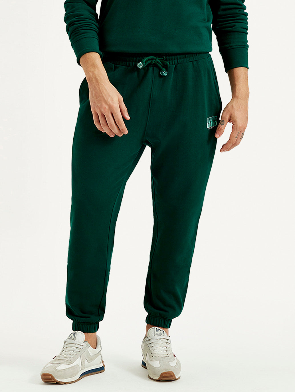 Men's Dark Green Solid Joggers - Front View