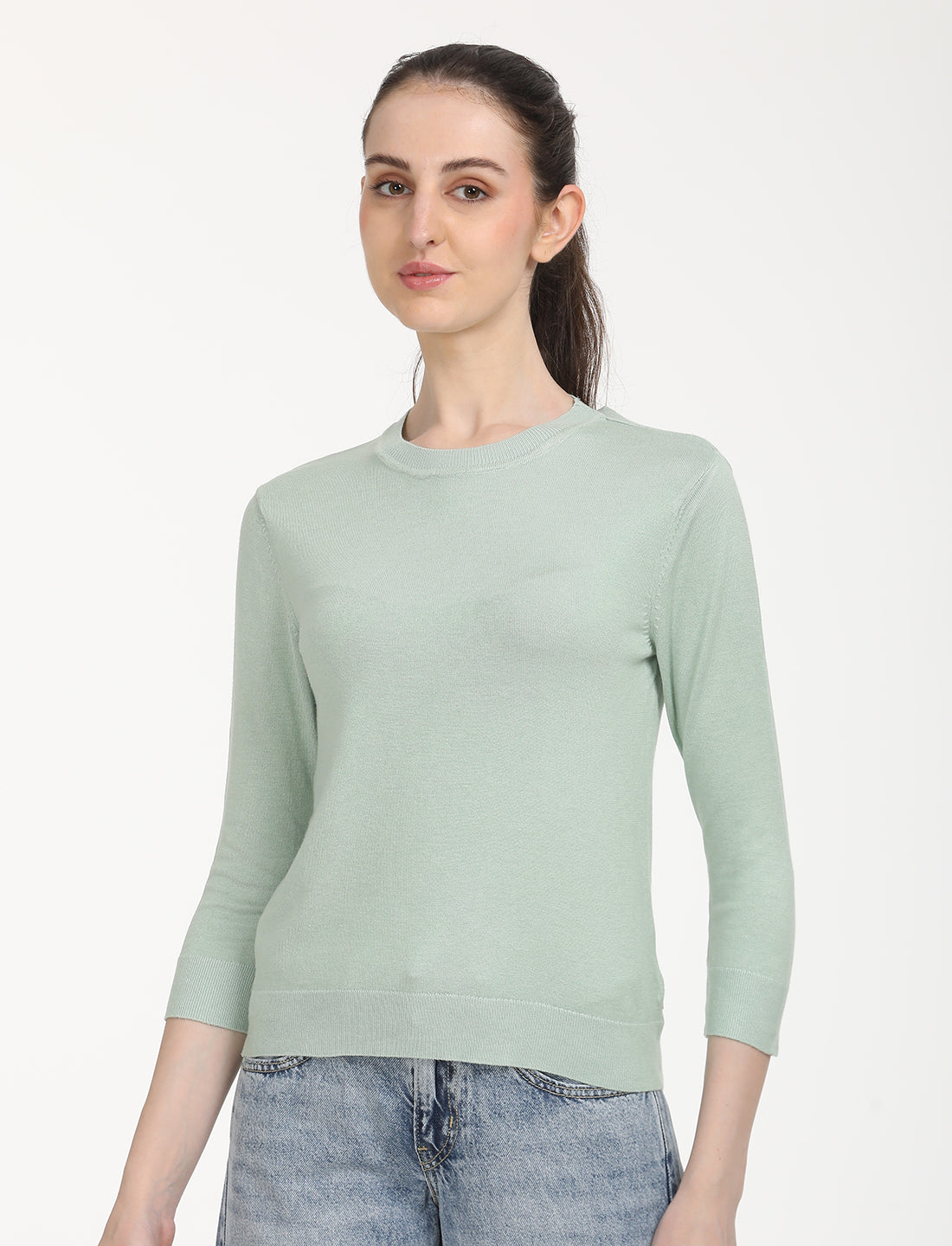 Women's Solid Green Crew Neck Sweater