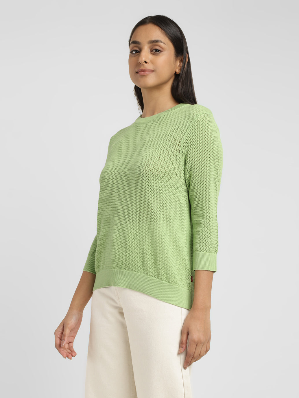 Women's Self Design Green Crew Neck Sweater