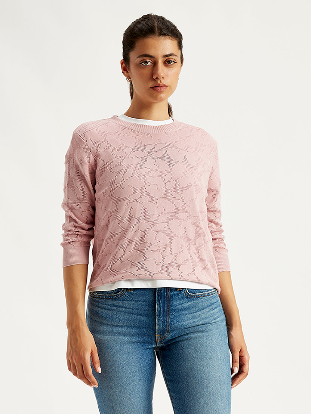 Women's Self Design Light Pink Crew Neck Sweater