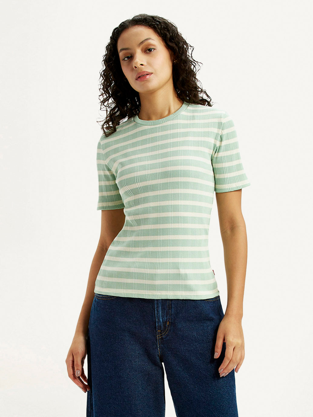Women's Striped Light Green Slim Fit T-shirt - Styleshot View