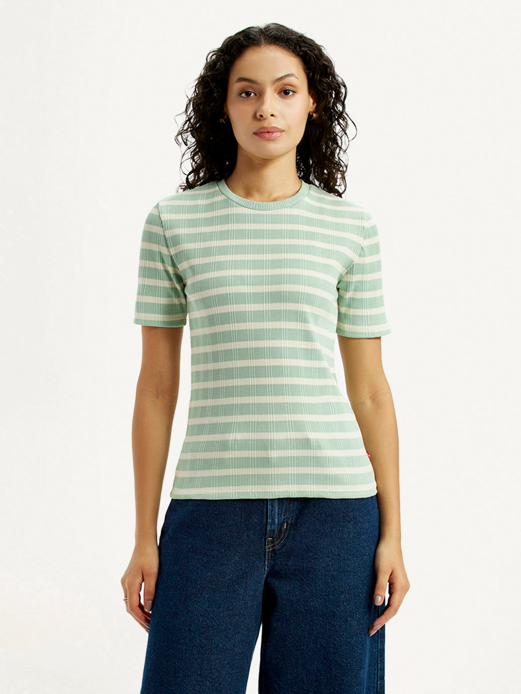 Women's Striped Light Green Slim Fit T-shirt - Front View