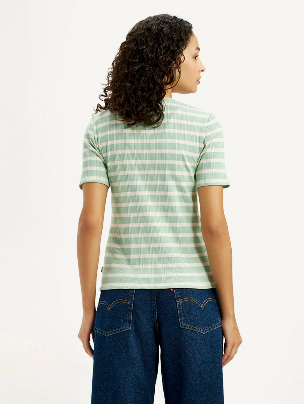 Women's Striped Light Green Slim Fit T-shirt - Back View