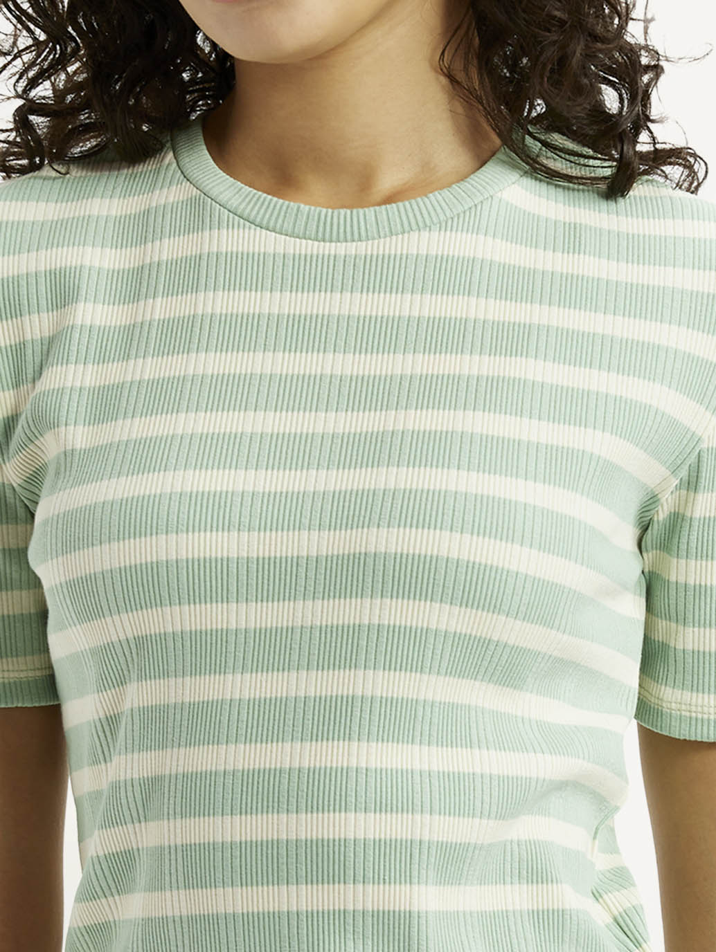 Women's Striped Light Green Slim Fit T-shirt - Detail View