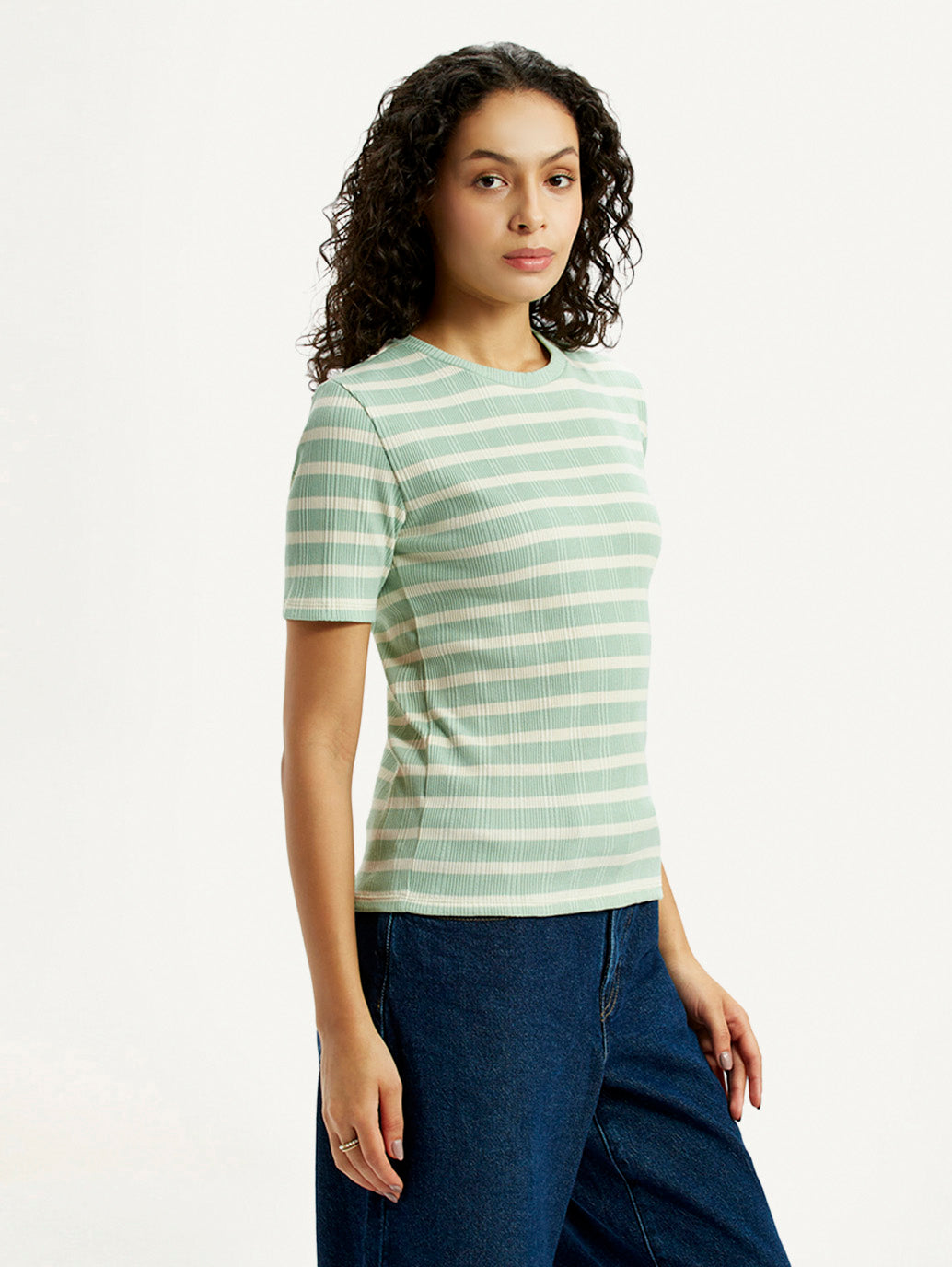 Women's Striped Light Green Slim Fit T-shirt - Side View