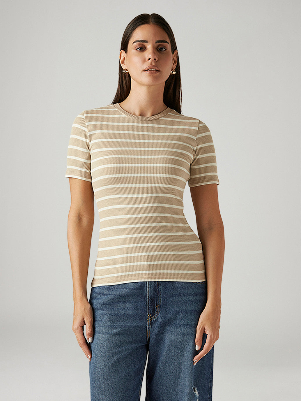 Women's Striped Beige Slim Fit T-shirt - Front View
