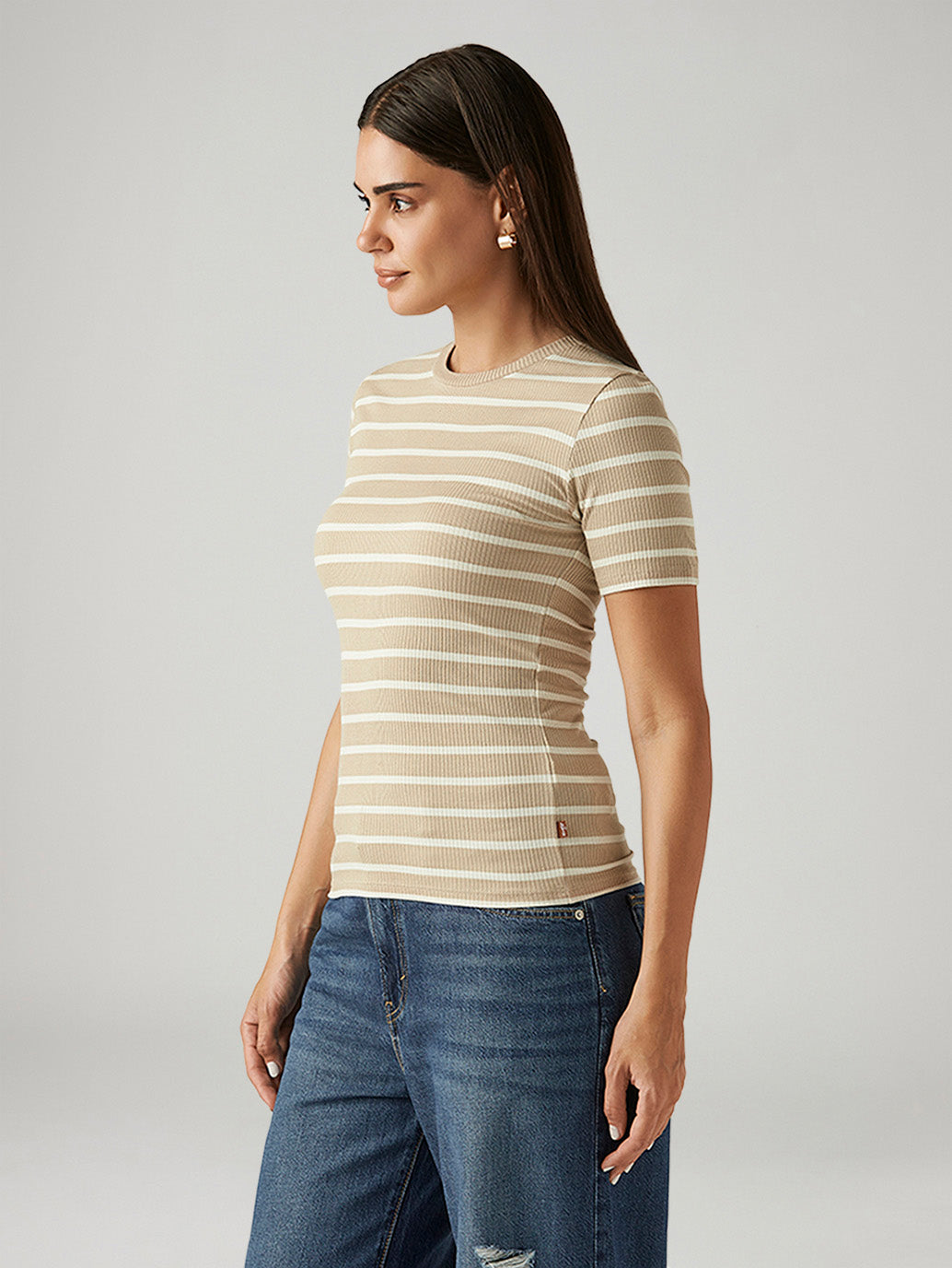 Women's Striped Beige Slim Fit T-shirt - Side View
