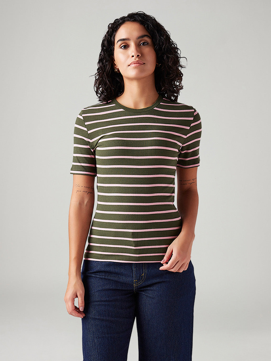 Women's Striped Slim Fit Ribbed Top - Front View