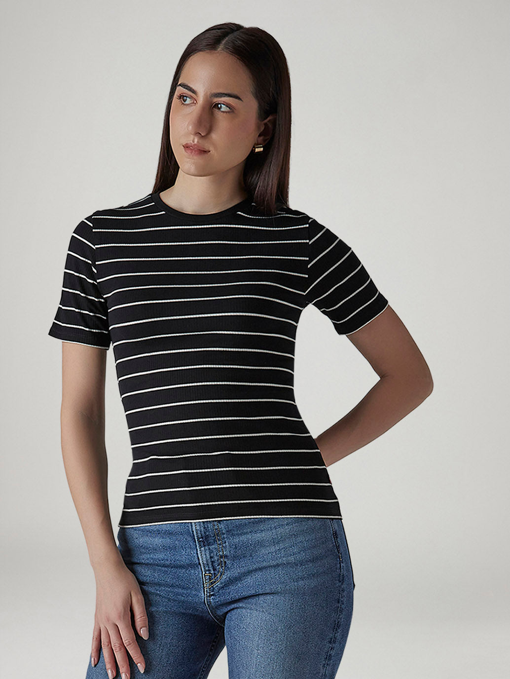 Women's Striped Black Slim Fit Ribbed T-shirt