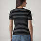 Women's Striped Black Slim Fit Ribbed T-shirt - Back View