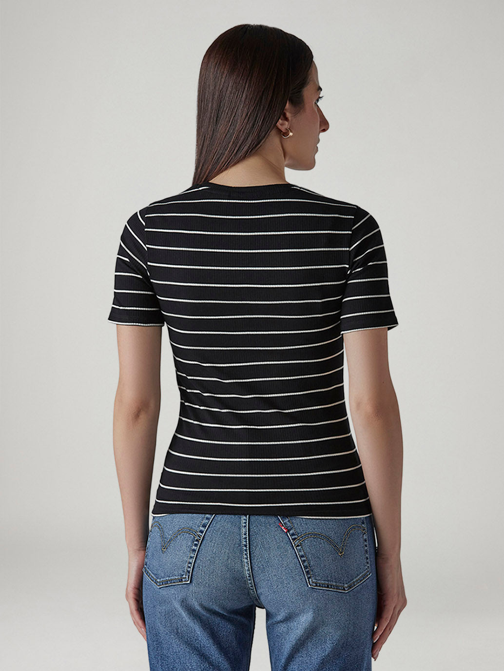Women's Striped Black Slim Fit Ribbed T-shirt - Back View