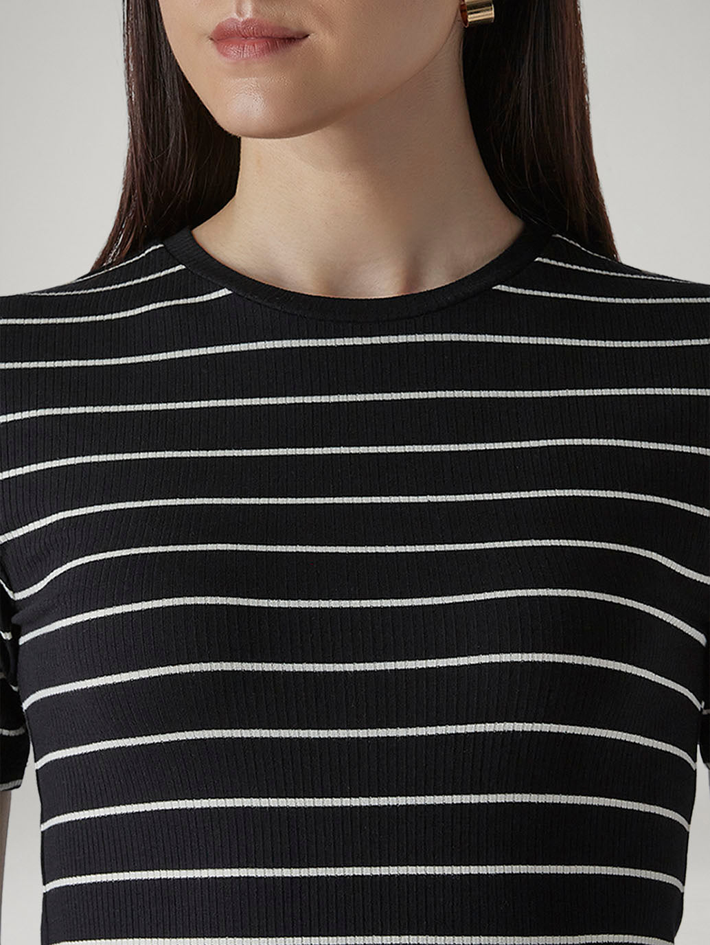 Women's Striped Black Slim Fit Ribbed T-shirt - Detail View