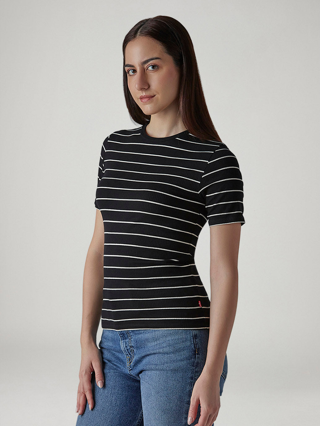 Women's Striped Black Slim Fit Ribbed T-shirt - Side View