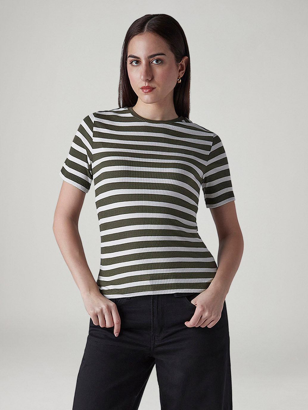 Women's Striped Olive Slim Fit Ribbed T-shirt