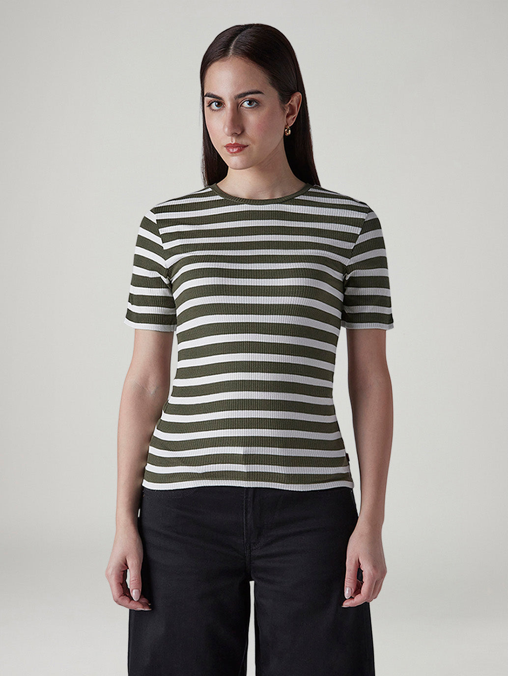 Women's Striped Olive Slim Fit Ribbed T-shirt - Front View