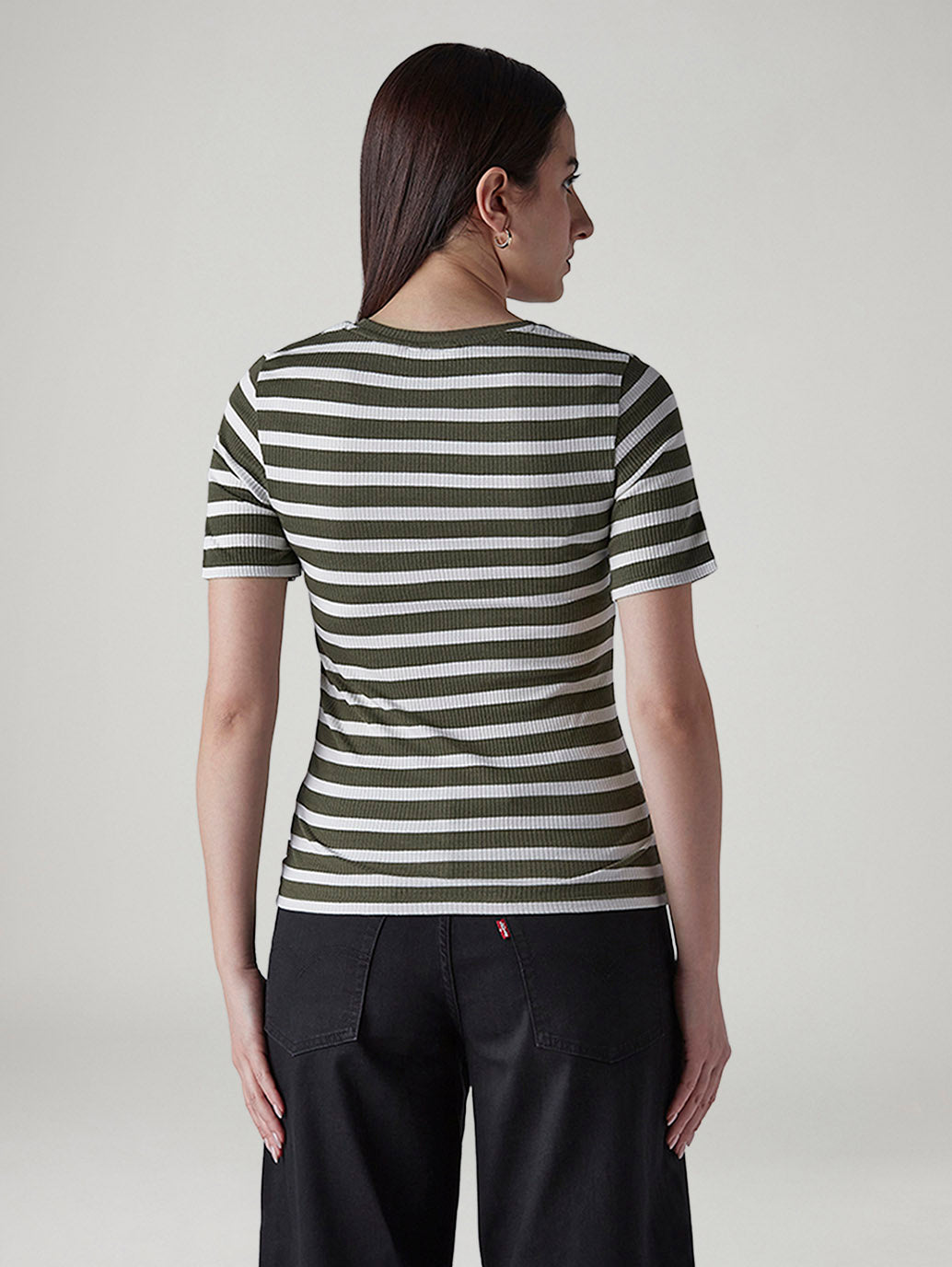 Women's Striped Olive Slim Fit Ribbed T-shirt - Back View
