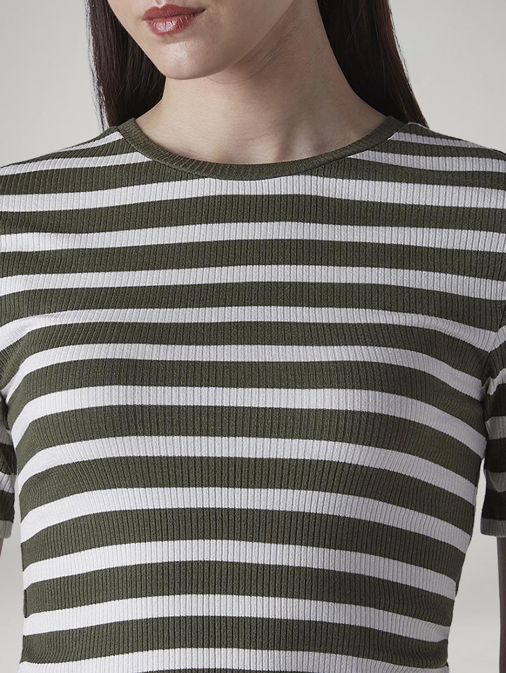 Women's Striped Olive Slim Fit Ribbed T-shirt - Detail View