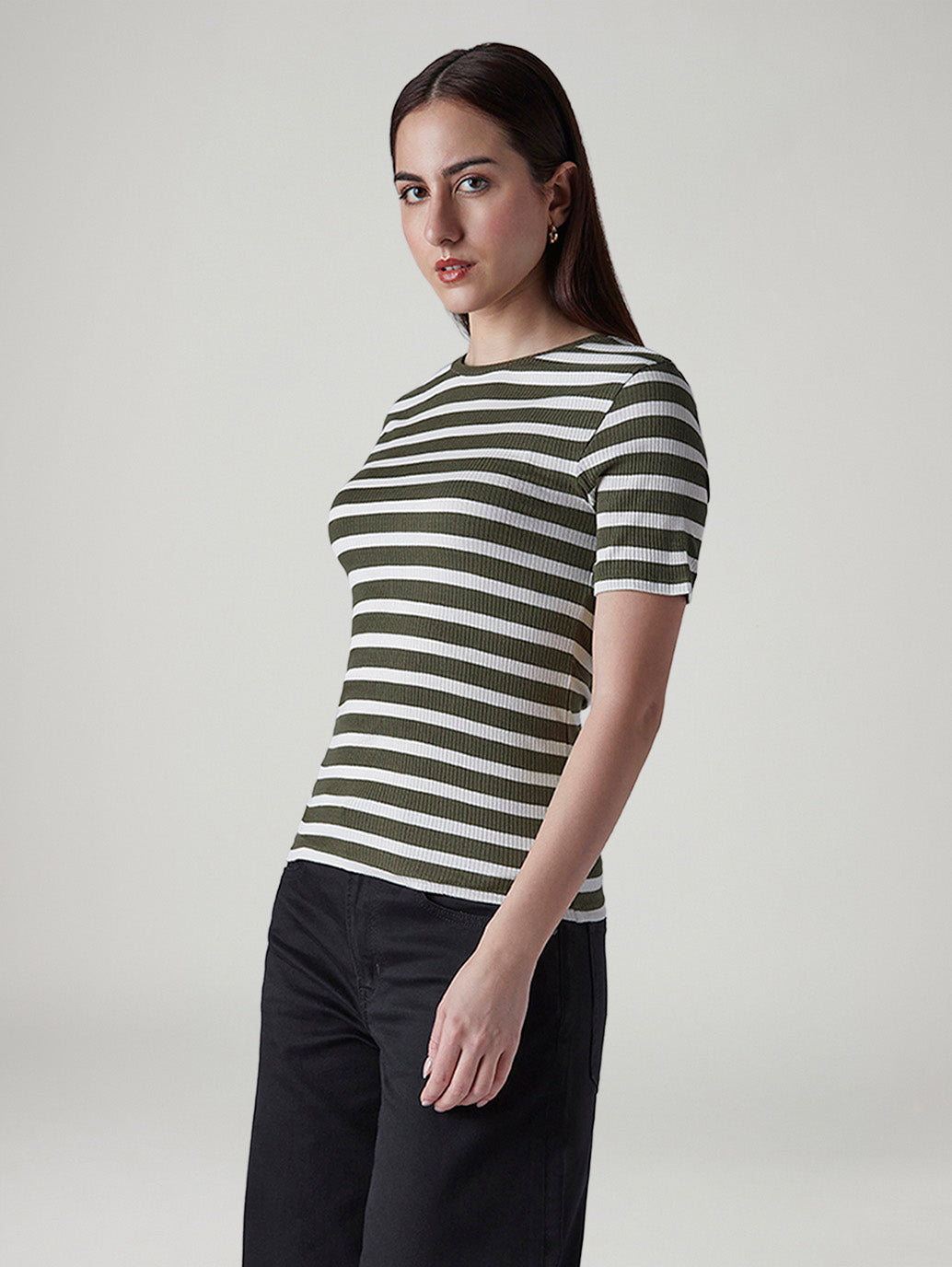 Women's Striped Olive Slim Fit Ribbed T-shirt - Side View