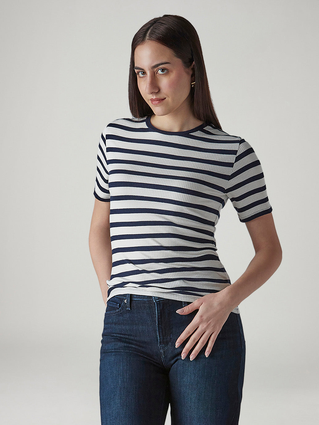 Women's Striped White Slim Fit Ribbed T-shirt