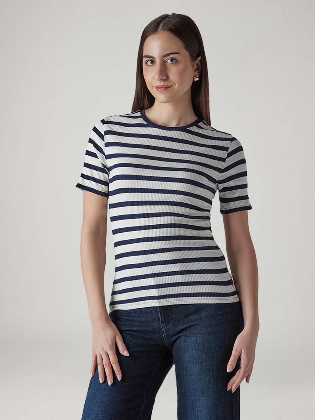 Women's Striped White Slim Fit Ribbed T-shirt - Front View
