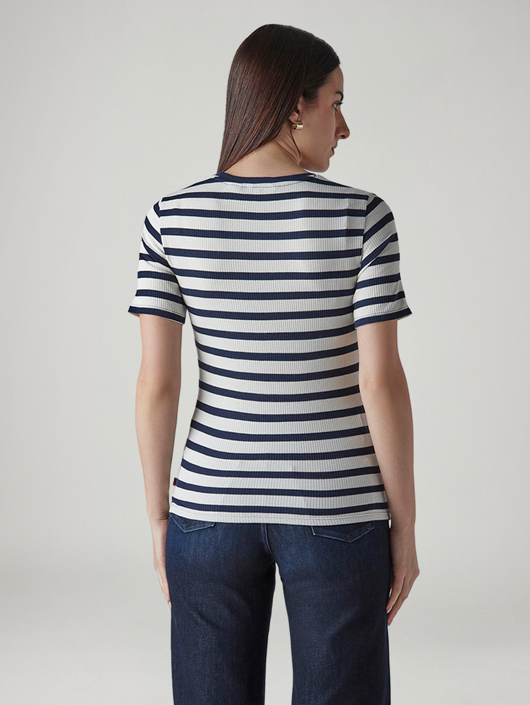 Women's Striped White Slim Fit Ribbed T-shirt - Back View