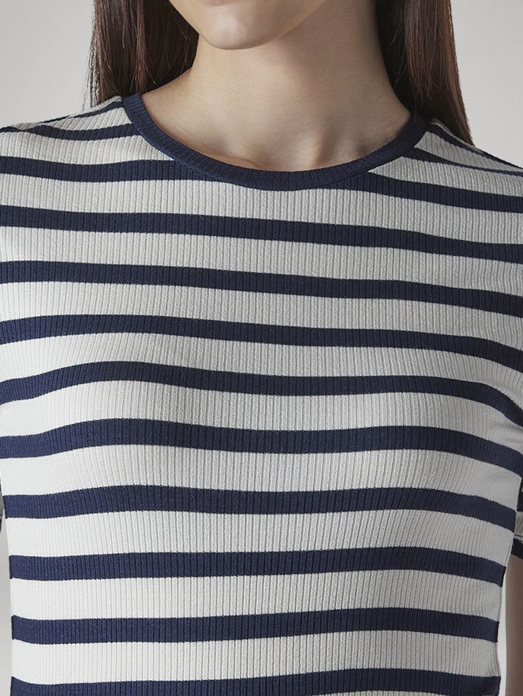 Women's Striped White Slim Fit Ribbed T-shirt - Detail View