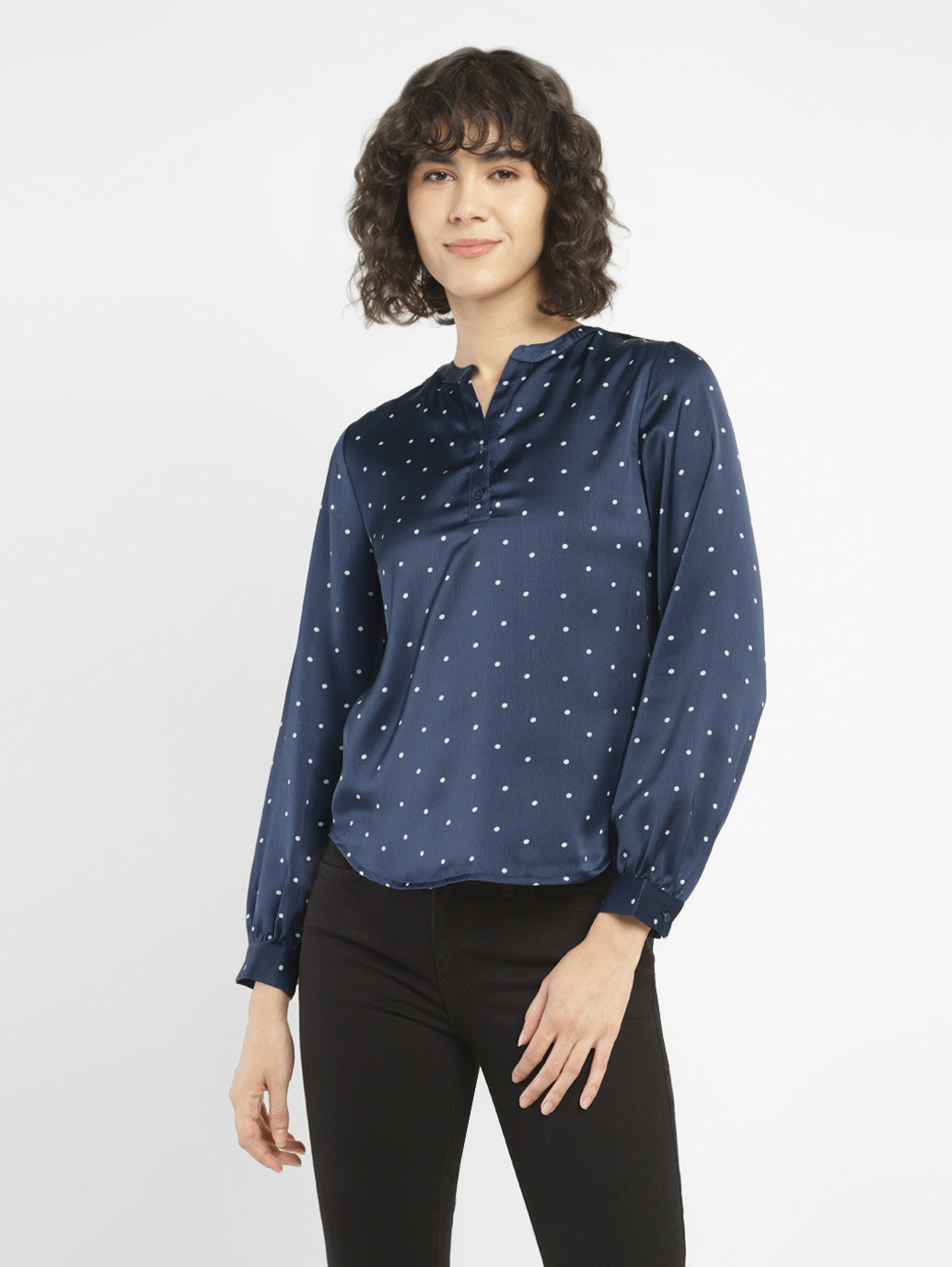 Women's Printed Navy Split Neck Top