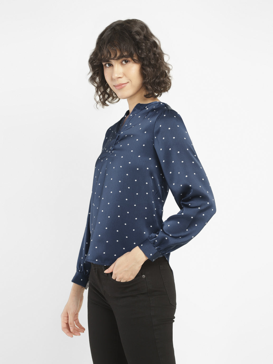 Women's Printed Navy Split Neck Top