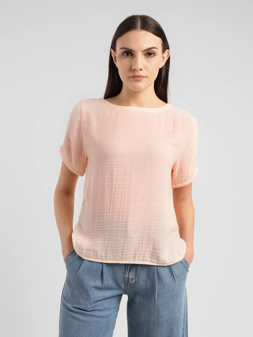 Women's Textured Peach Boat Neck Top