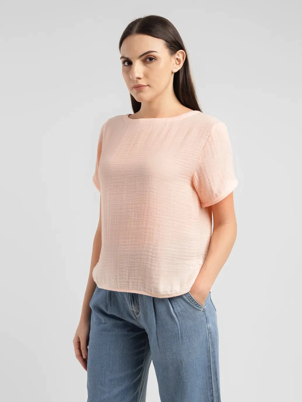 Women's Textured Peach Boat Neck Top