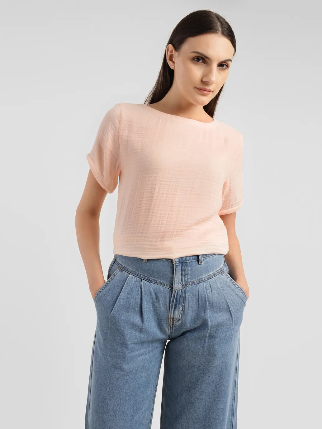 Women's Textured Peach Boat Neck Top