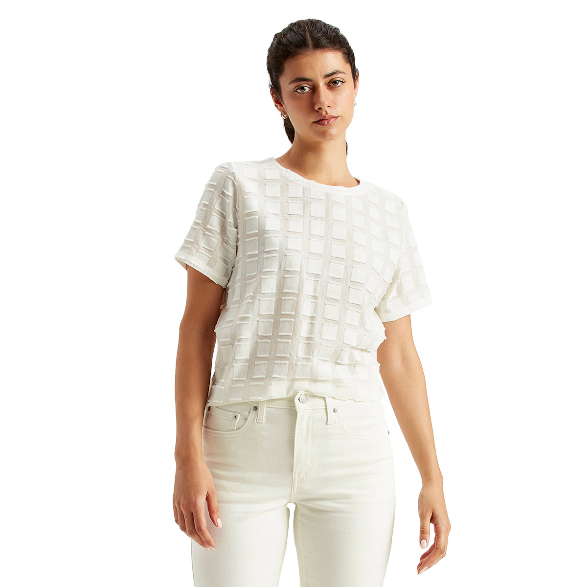 Women's Textured White Round Neck Top