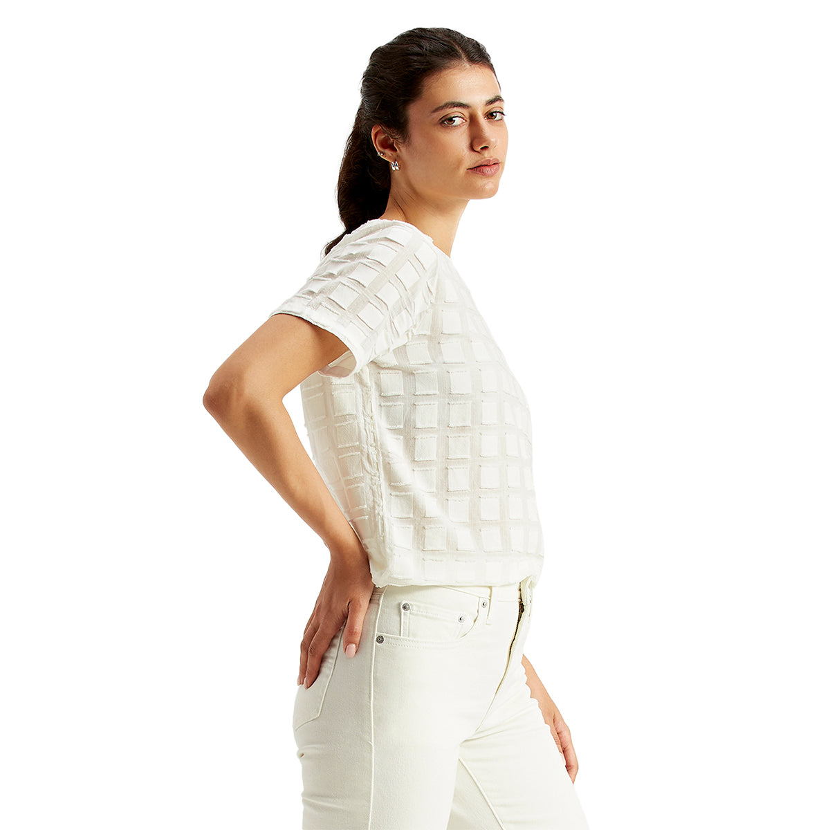 Women's Textured White Round Neck Top