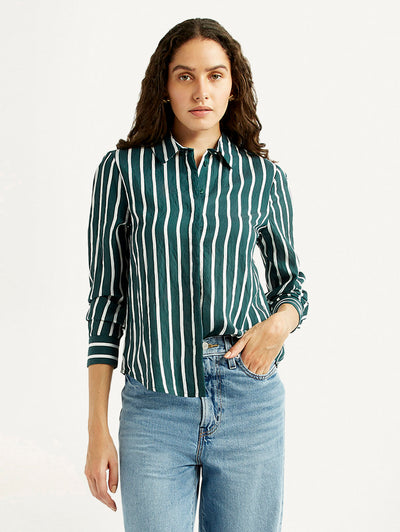 Women's Striped Green Spread Collar Shirt-image-9