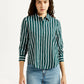 Women's Striped Green Spread Collar Shirt - Front View