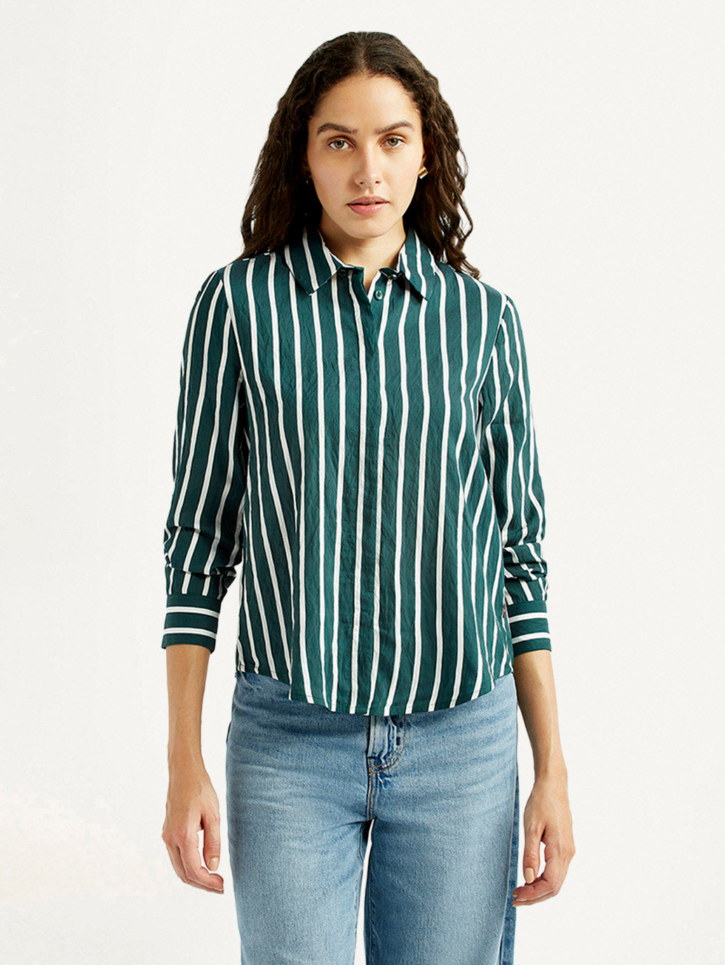 Women's Striped Green Spread Collar Shirt - Front View