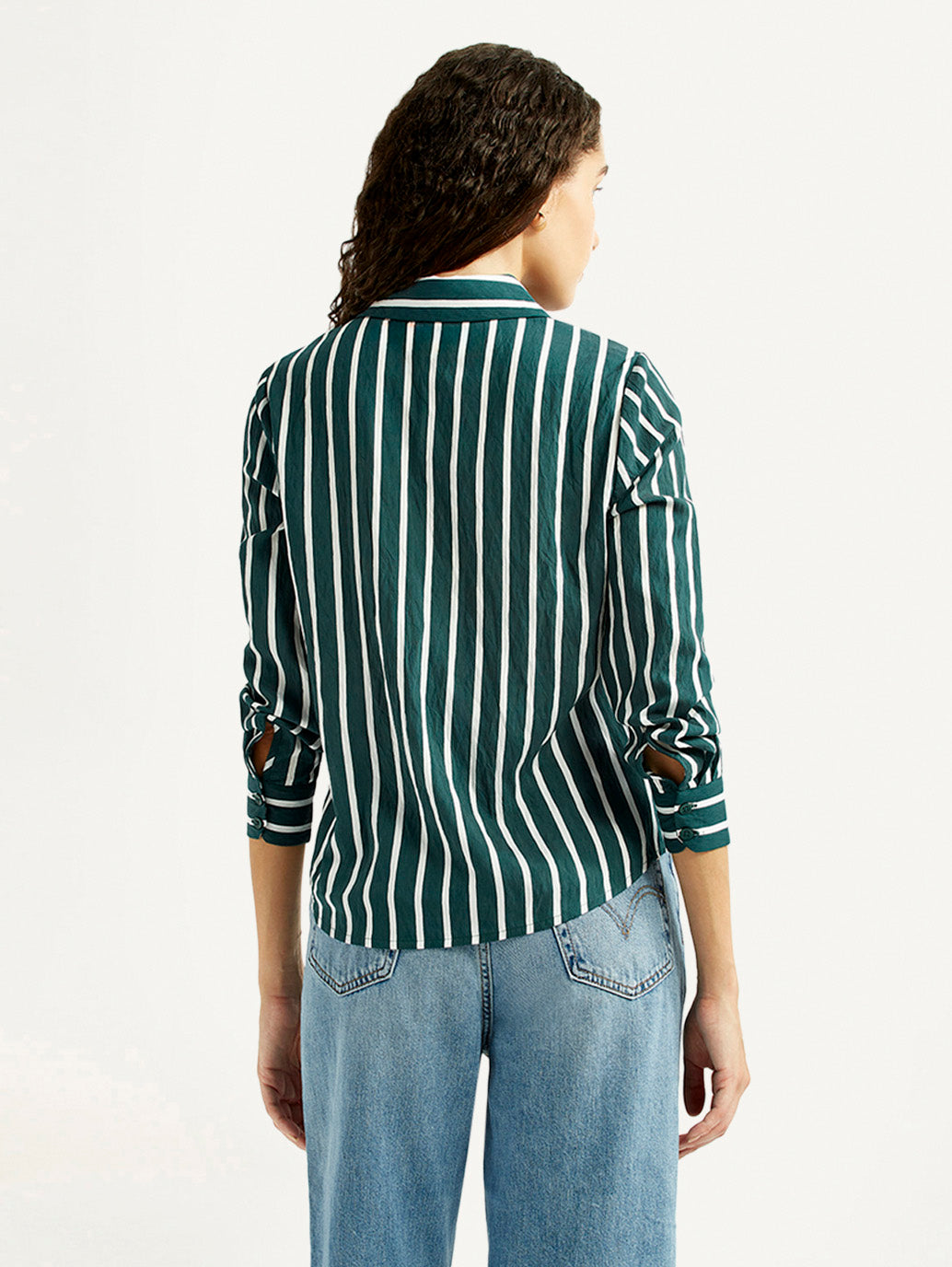 Women's Striped Green Spread Collar Shirt - Back View