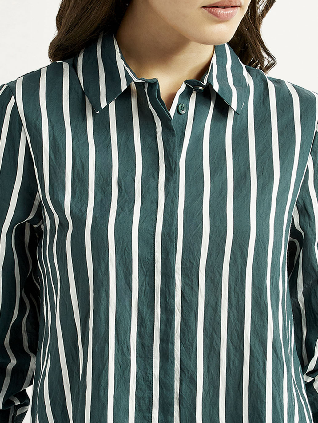 Women's Striped Green Spread Collar Shirt - Detail View