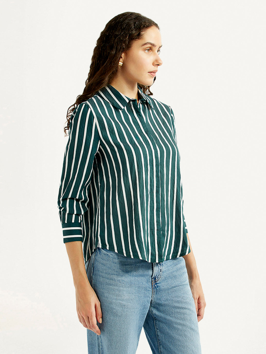 Women's Striped Green Spread Collar Shirt - Side View