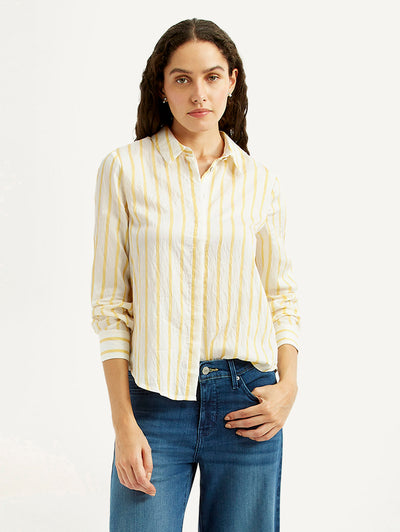 Women's Striped Yellow Spread Collar Shirt-image-14