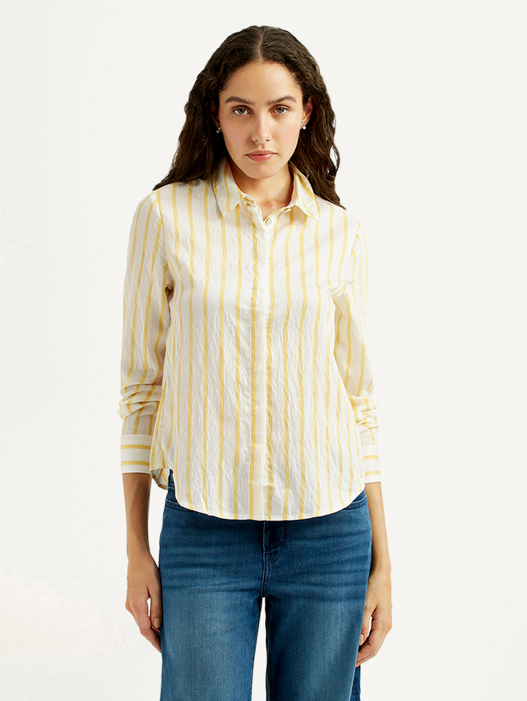 Women's Striped Yellow Spread Collar Shirt - Front View