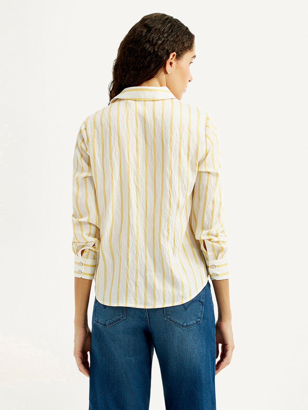Women's Striped Yellow Spread Collar Shirt - Back View