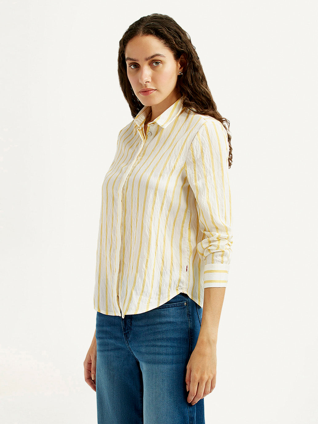 Women's Striped Yellow Spread Collar Shirt - Side View