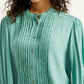 Women's Self Design Turquoise Band Neck Top