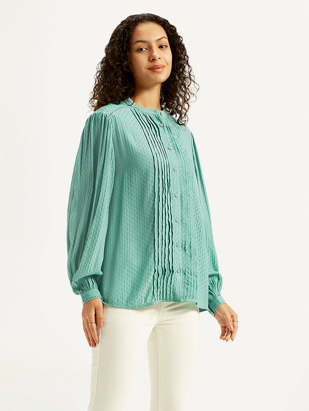 Women's Self Design Turquoise Band Neck Top