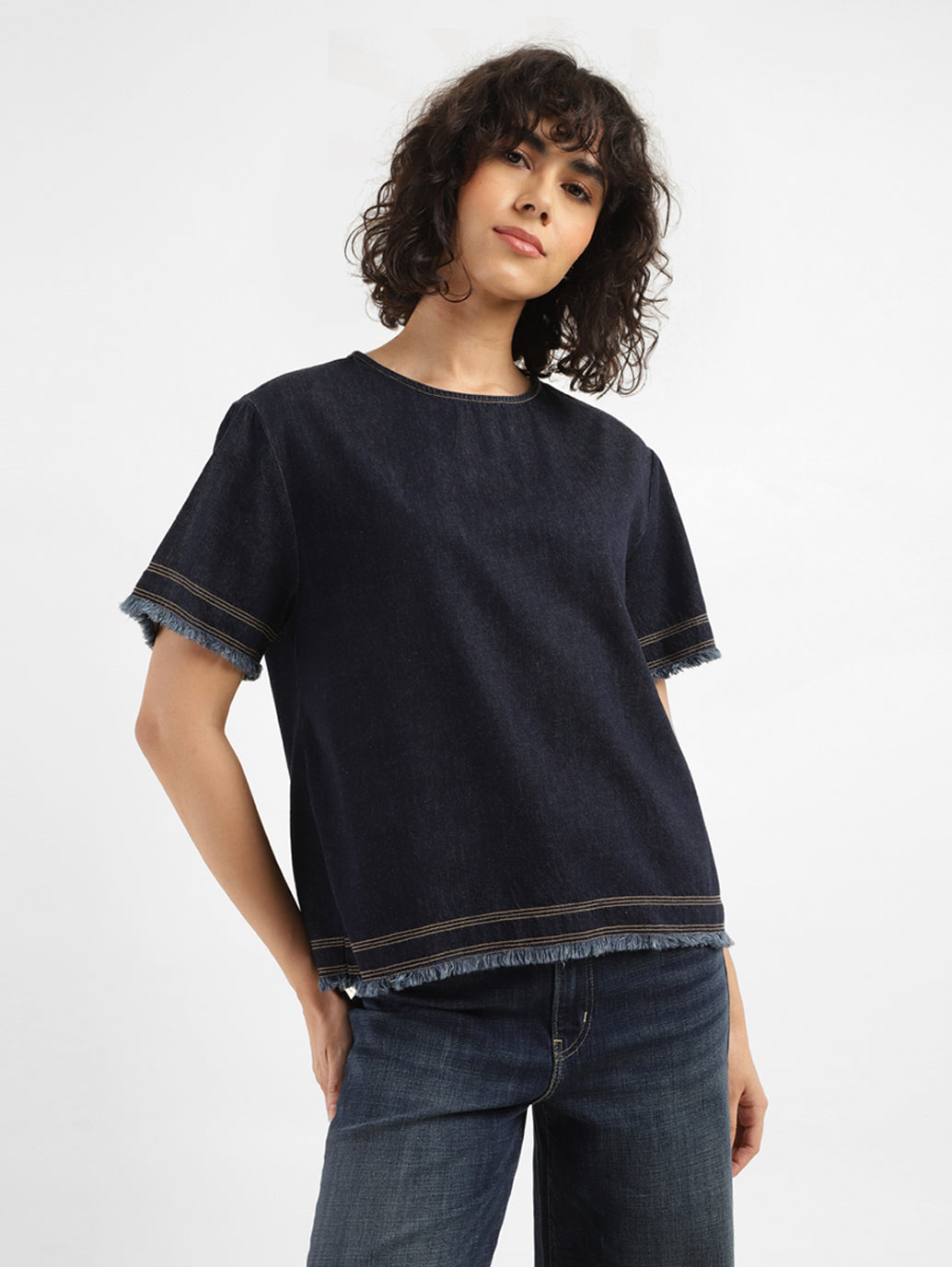 Women's Solid Indigo Round Neck Top